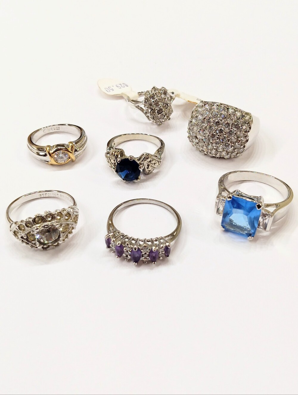 Costume Jewelry Lot 7 Rings - 2 Sterling